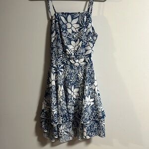 Floral open back a-line dress.